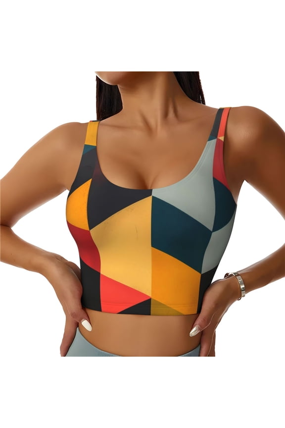 Geometric Cube Pattern Art Print Sports Bra for women Adjustable Straps High Support With Breast Pads Workout Tank Top-Large