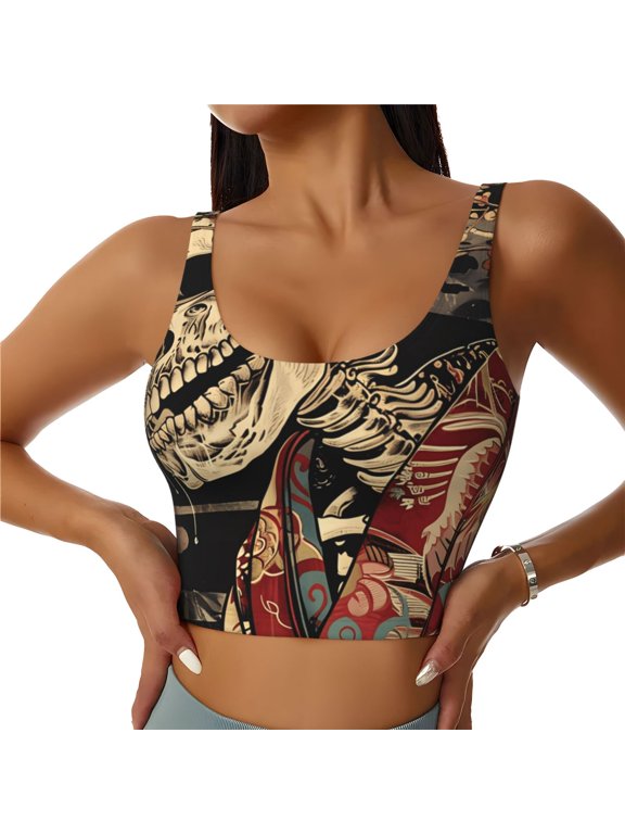Gothic Eastern Floral Skull Print Sports Bra for women Adjustable Straps High Support With Breast Pads Workout Tank Top-Medium