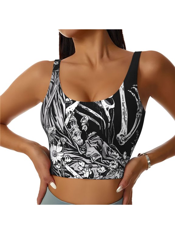 Gothic Skull Floral Art Print Sports Bra for women Adjustable Straps High Support With Breast Pads Workout Tank Top-Large