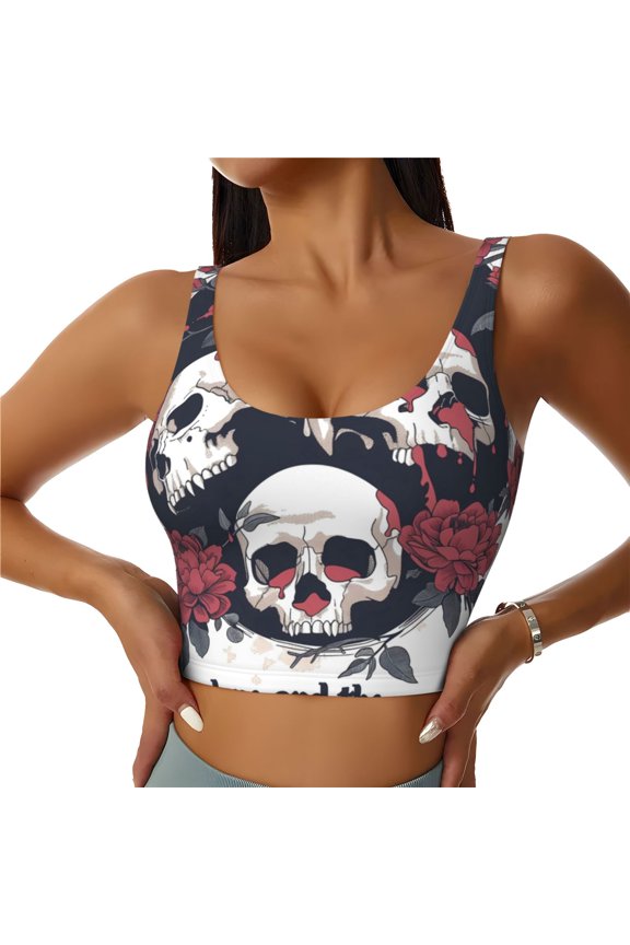 Gothic Skulls And Roses Print Sports Bra for women Adjustable Straps High Support With Breast Pads Workout Tank Top-Large