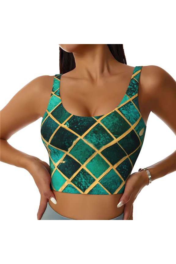 Green Mosaic Glass Print Sports Bra for women Adjustable Straps High Support With Breast Pads Workout Tank Top-Medium