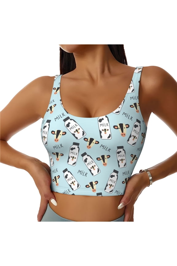 Milk Bottles And Cow Head Print Sports Bra for women Adjustable Straps High Support With Breast Pads Workout Tank Top-Medium