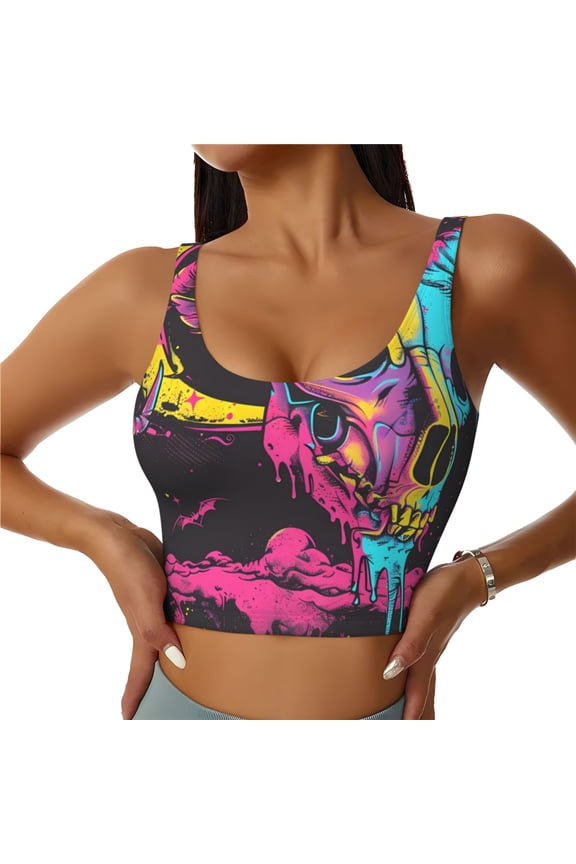 Neon Gothic Skull Moon Print Sports Bra for women Adjustable Straps High Support With Breast Pads Workout Tank Top-Large