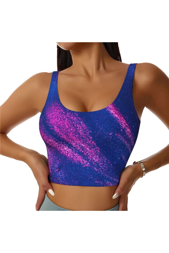 Neon Gradient Blue Print Sports Bra for women Adjustable Straps High Support With Breast Pads Workout Tank Top-Large