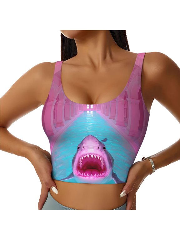 Pink Shark Pool Fantasy Print Sports Bra for women Adjustable Straps High Support With Breast Pads Workout Tank Top-Medium