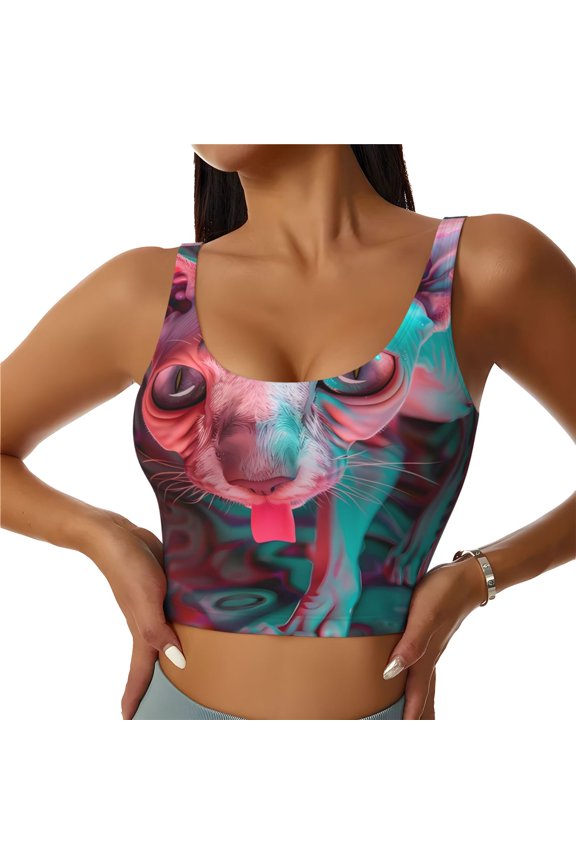 Psychedelic Hairless Cat Print Sports Bra for women Adjustable Straps High Support With Breast Pads Workout Tank Top-Large
