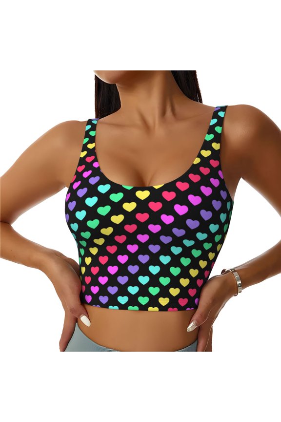 Rainbow Hearts Print Sports Bra for women Adjustable Straps High Support With Breast Pads Workout Tank Top-Medium