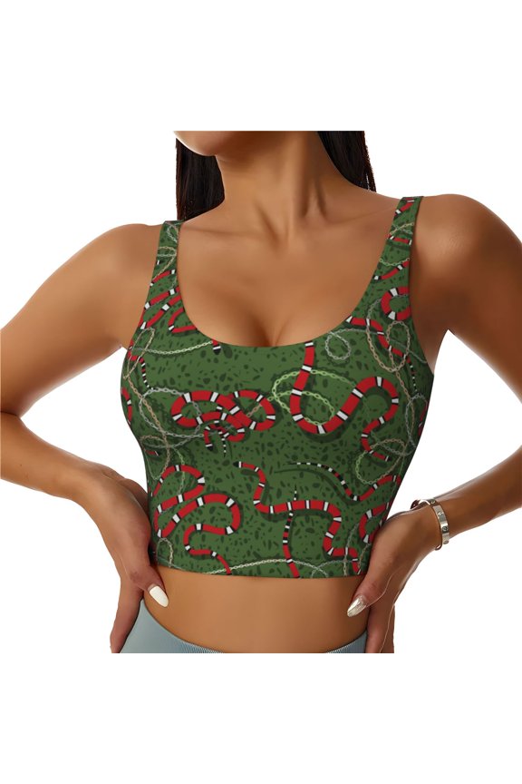 Red Snake Print Sports Bra for women Adjustable Straps High Support With Breast Pads Workout Tank Top-Large