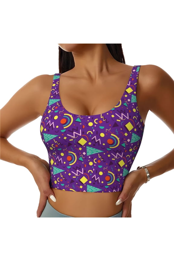 Retro 80s Style Print Sports Bra for women Adjustable Straps High Support With Breast Pads Workout Tank Top-Medium