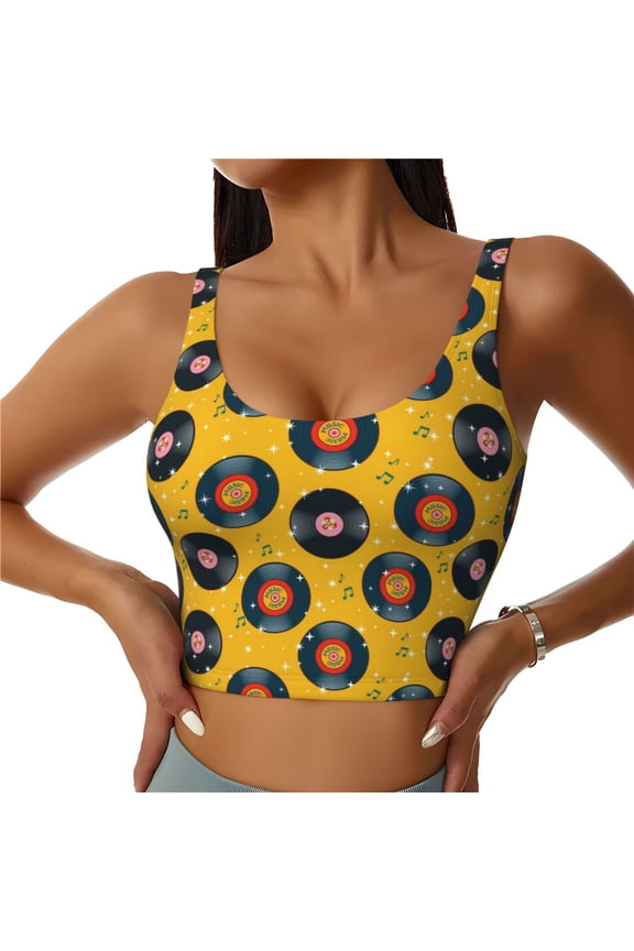 Retro Vinyl Records Print Sports Bra for women Adjustable Straps High Support With Breast Pads Workout Tank Top-Large
