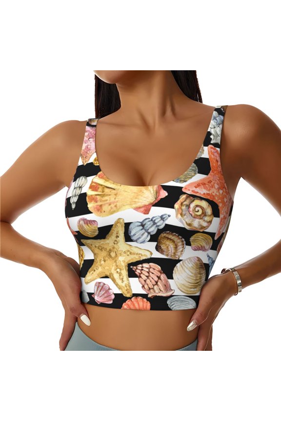 Sea Shell Print Sports Bra for women Adjustable Straps High Support With Breast Pads Workout Tank Top-Medium