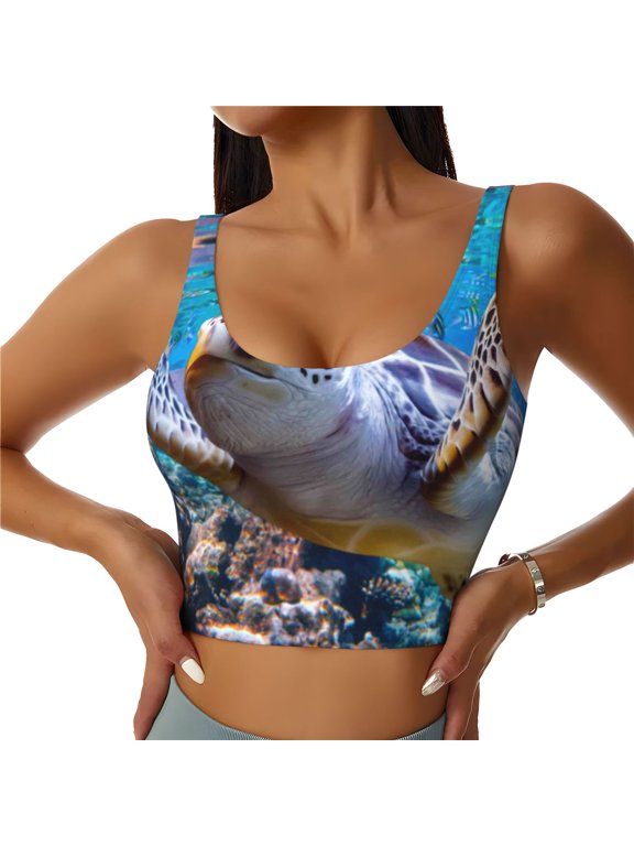 Sea Turtle Swims Print Sports Bra for women Adjustable Straps High Support With Breast Pads Workout Tank Top-Medium