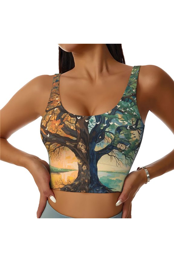 Seasonal Tree Reflection Print Sports Bra for women Adjustable Straps High Support With Breast Pads Workout Tank Top-Medium