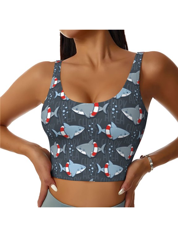 Shark Wearing Swim Ring Print Sports Bra for women Adjustable Straps High Support With Breast Pads Workout Tank Top-Medium