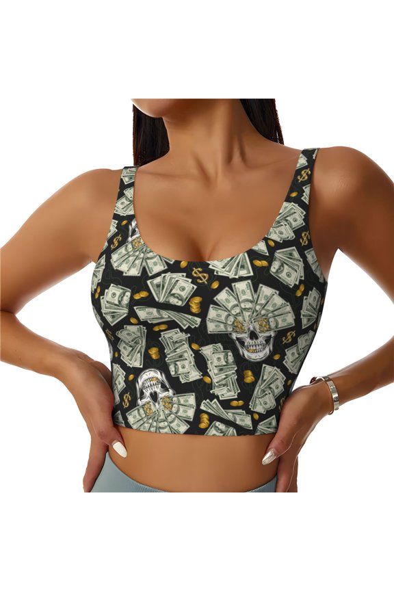 Skull with Dollar Print Sports Bra for women Adjustable Straps High Support With Breast Pads Workout Tank Top-Large