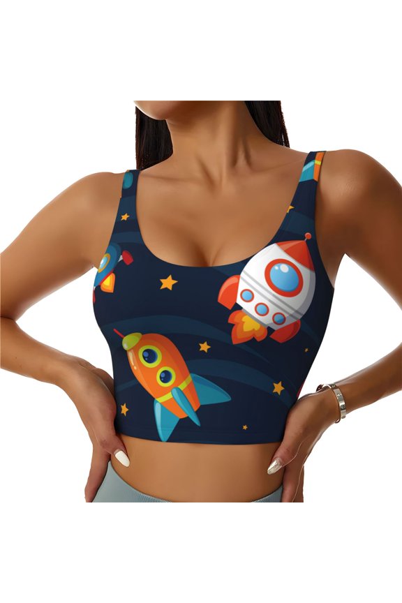 Spaceships and Stars Print Sports Bra for women Adjustable Straps High Support With Breast Pads Workout Tank Top-Large