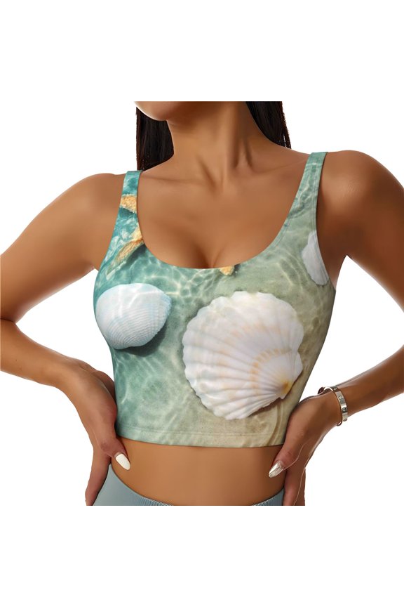 Starfish And Seashell Print Sports Bra for women Adjustable Straps High Support With Breast Pads Workout Tank Top-Large