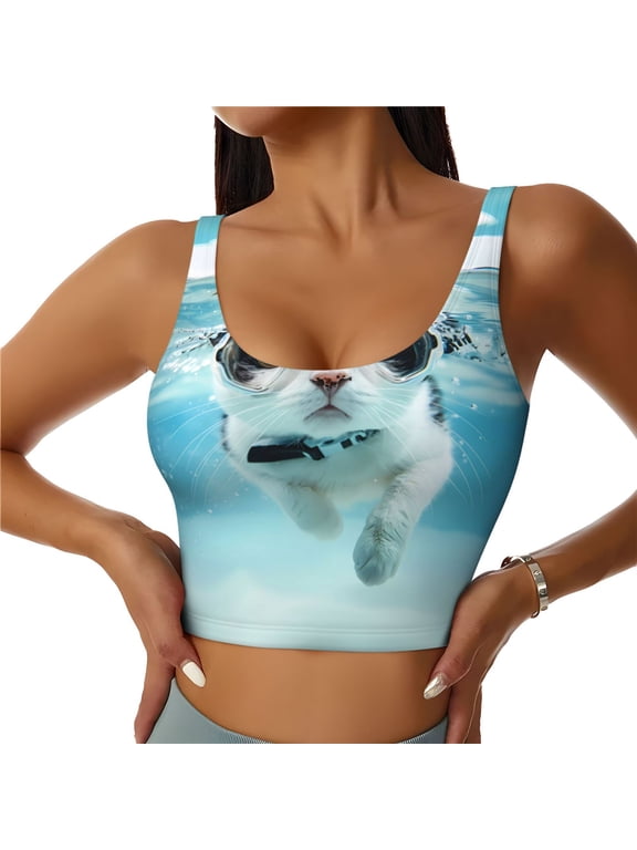 Swimming Cat Goggles Print Sports Bra for women Adjustable Straps High Support With Breast Pads Workout Tank Top-Medium