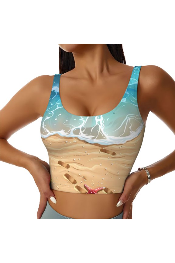 Tropical Beach With Starfish Print Sports Bra for women Adjustable Straps High Support With Breast Pads Workout Tank Top-Large