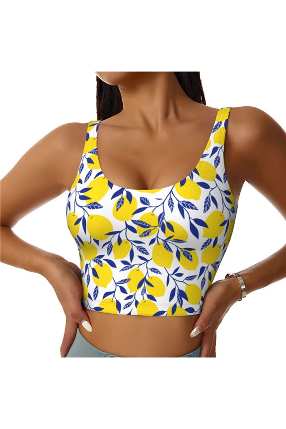 Tropical Lemon Print Sports Bra for women Adjustable Straps High Support With Breast Pads Workout Tank Top-Medium