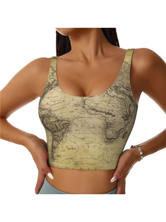 Vintage World Map Print Sports Bra for women Adjustable Straps High Support With Breast Pads Workout Tank Top-Large