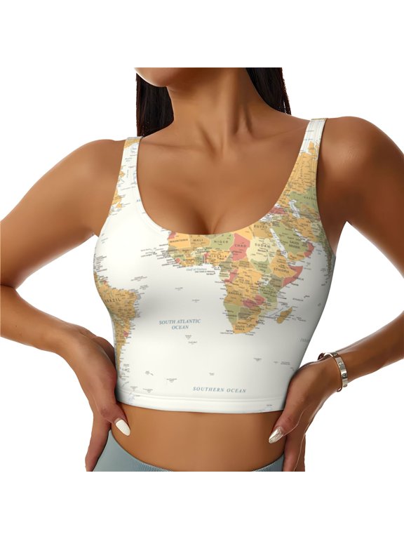 World Map 1 Print Sports Bra for women Adjustable Straps High Support With Breast Pads Workout Tank Top-Medium