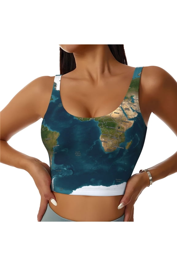 World Map Print Sports Bra for women Adjustable Straps High Support With Breast Pads Workout Tank Top-Medium