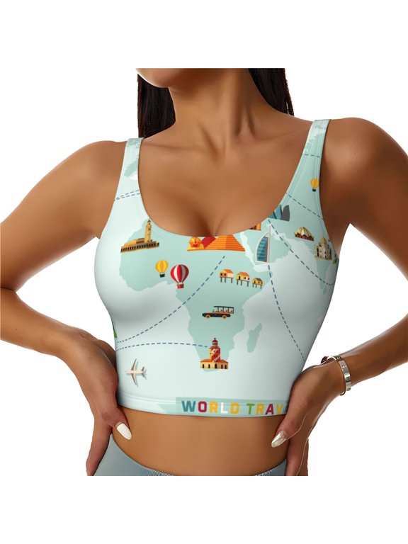 World Travel Map Print Sports Bra for women Adjustable Straps High Support With Breast Pads Workout Tank Top-Medium