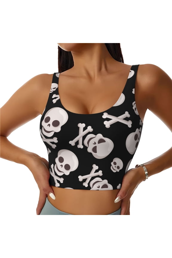 black white Skull bone Print Sports Bra for women Adjustable Straps High Support With Breast Pads Workout Tank Top-Medium