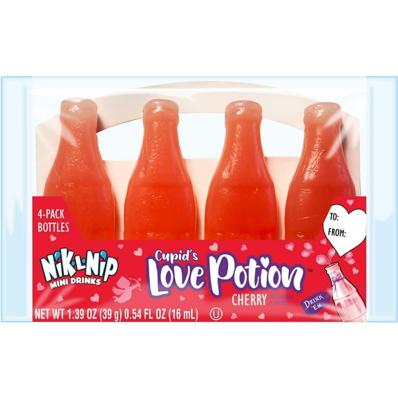 Nik L Nip Cupid's Love Potion Mini Drinks, Cherry Flavored Wax Bottle Candy, 4 Count