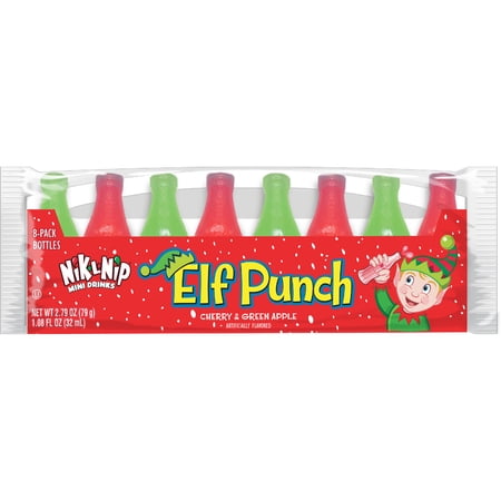 Nik-L-Nip Elf Punch Mini Drinks in Wax Bottles, Green Apple and Cherry Flavors, 8-Pack, Peanut and Gluten Free