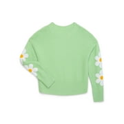 NIK AND LEKSI Nik & Leksi Girls Drop Shoulder Pullover Sweater with Jacquard Sleeves, Sizes 4-16