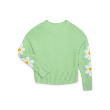 Nik & Leksi Girls Floral Print Pullover Sweater with Jacquard Sleeves, Sizes 4-16