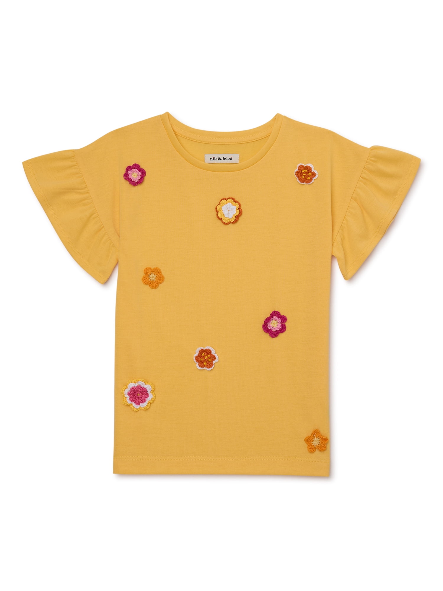 Nik & Leksi Girls Ruffle Sleeve Crochet Flower T-Shirt, Sizes 4-16 
