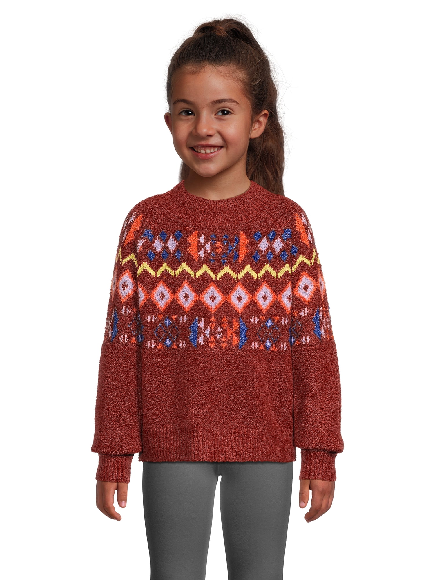 Nik and Leksi Girls Mock Neck Jacquard Pullover, Sizes 4-16