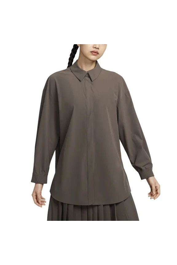 24.7 PerfectStretch Women's Size L -  Dri-FIT Oversized Long-Sleeve Shirt (HM8385-004, Ironstone/Baroque Brown)
