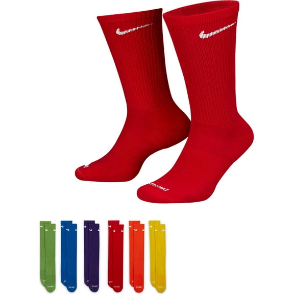 Nike 6 Pack Sports Dri-Fit Moisture Wicking Athletic Crew Socks Red Yellow Blue Green Purple Orange White (University Red, XL) (University Red, XL)