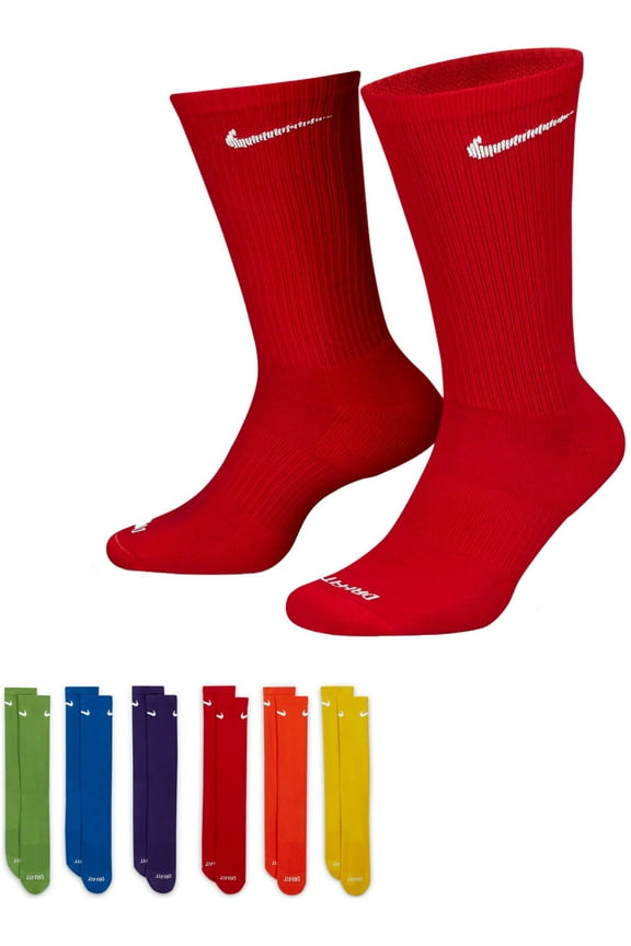 6 Pack Sports Dri-Fit Moisture Wicking Athletic Crew Socks Red Yellow Blue Green Purple Orange White (University Red, XL) (University Red, XL)