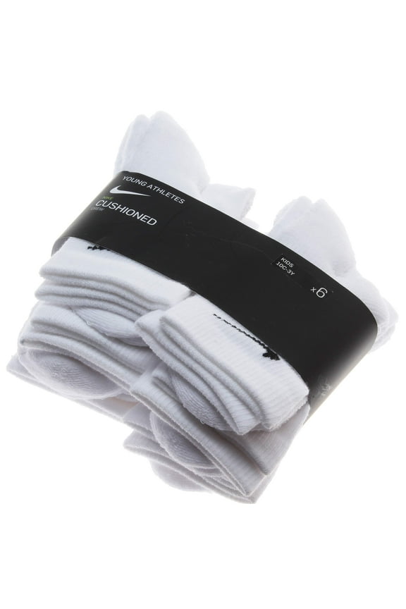 6 Pairs Young Athletes Cushioned Crew Socks; White (5-7)