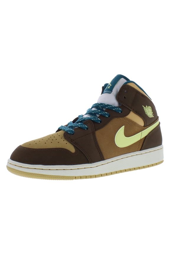 Air Jordan 1 Mid SE GS Boys Shoes Size 7, Color: Cacao Wow/Luminous Green