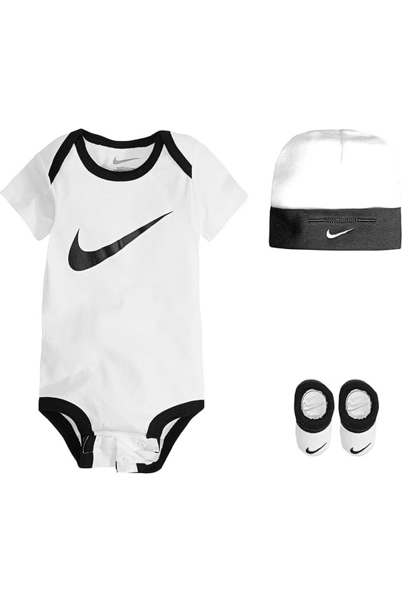 Babys Bodysuit, Hat and Booties 3 Piece Set White Swoosh 6-12 Months