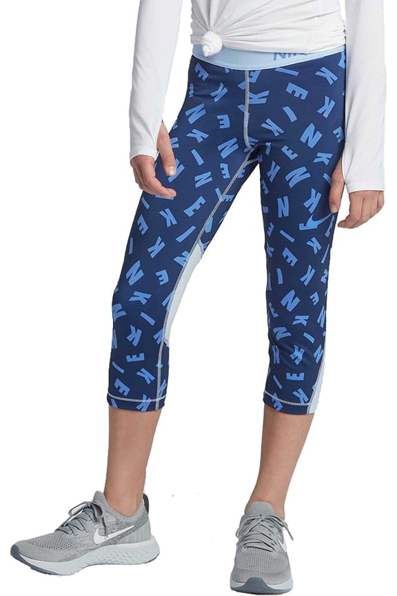 Big Girl's Pro Dri-Fit Graphic Print Training Capris (Large, Light Blue/Navy)