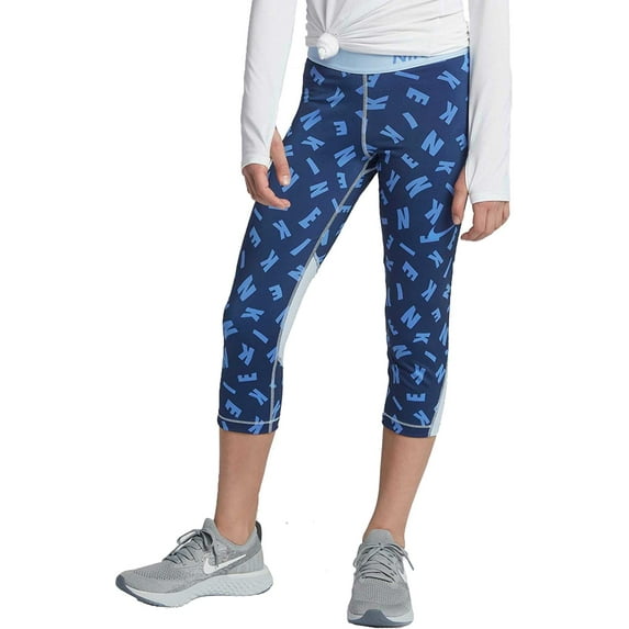 Nike Big Girl's Pro Dri-Fit Graphic Print Training Capris (Large, Light Blue/Navy)