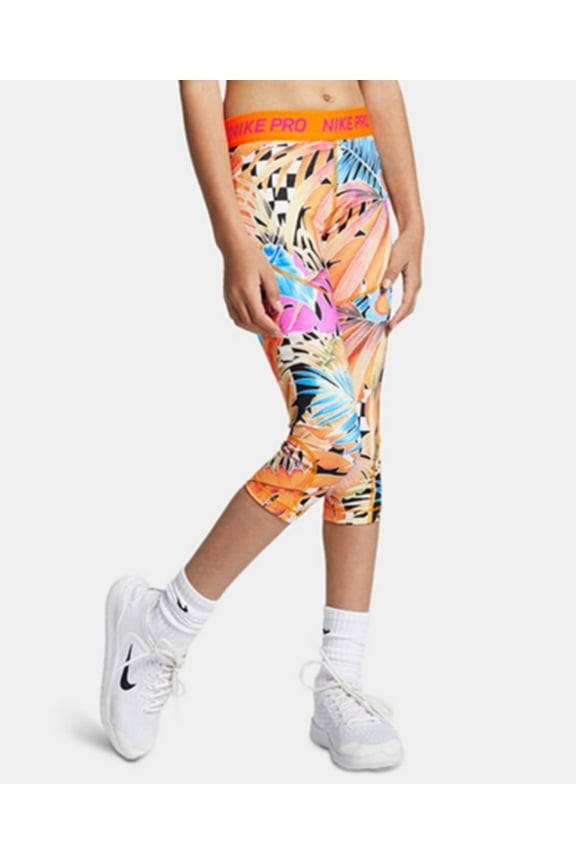 Big Girls Pro Printed Capris, Orange Peel / Laser Fuchsia, Size Large