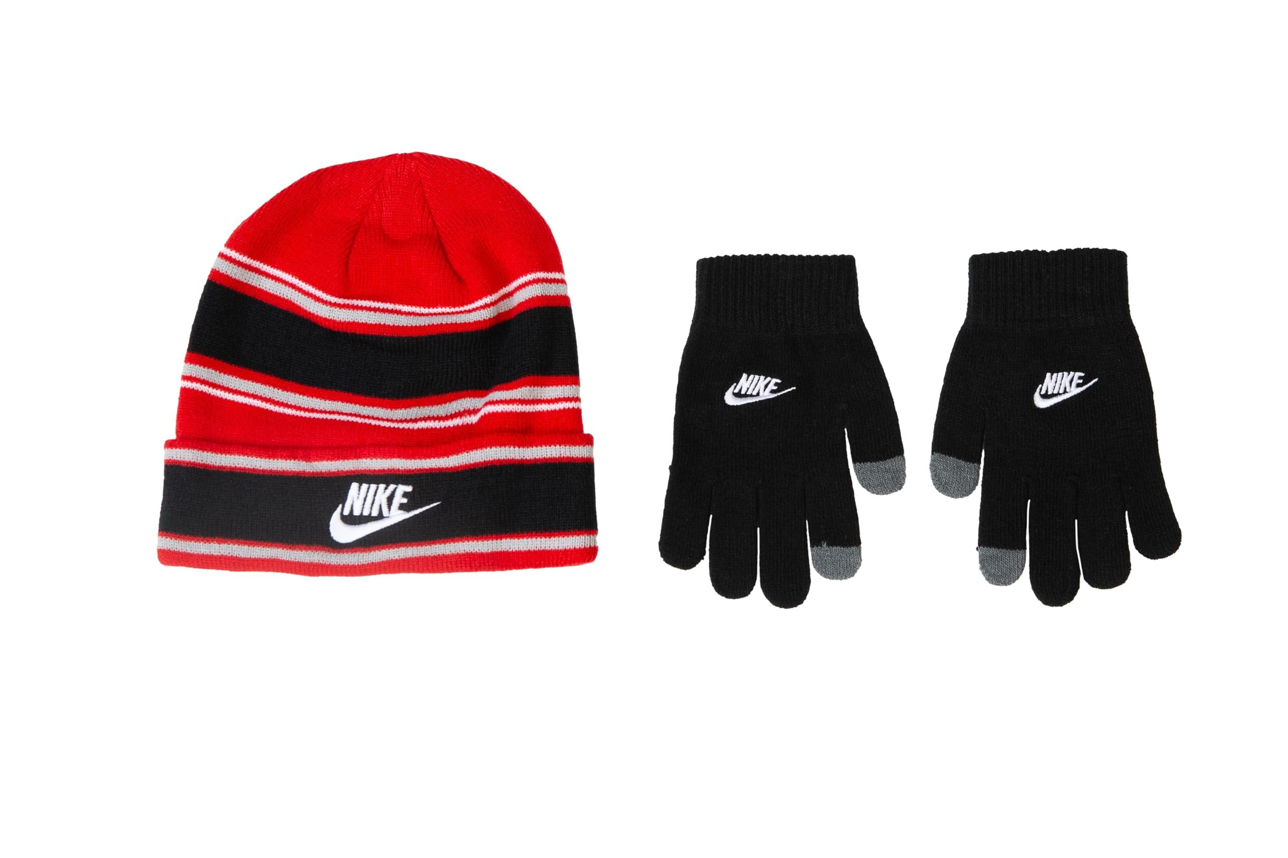 Nike Big Kids Stripe Beanie Gloves 2-Piece Set Black/Red One