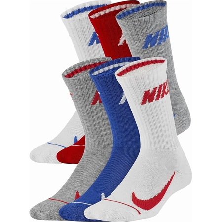 Nike Boys Cushioned Crew Socks 6 Pack Red/White/Blue Shoe Size 5-7