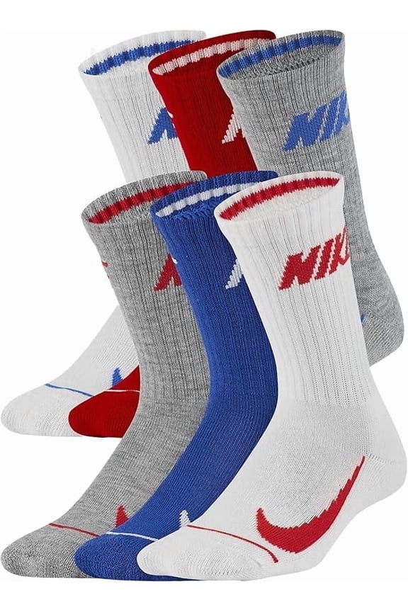 Boys Cushioned Crew Socks 6 Pack Red/White/Blue Shoe Size 5-7