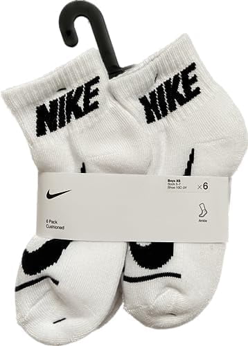 Nike Boy's Cushioned Dri-Fit Cotton Everyday Quarter Ankle Socks (6 Pairs), XS, Kid's Shoe Size 10c-3y, Kid's Sock Size 5-7