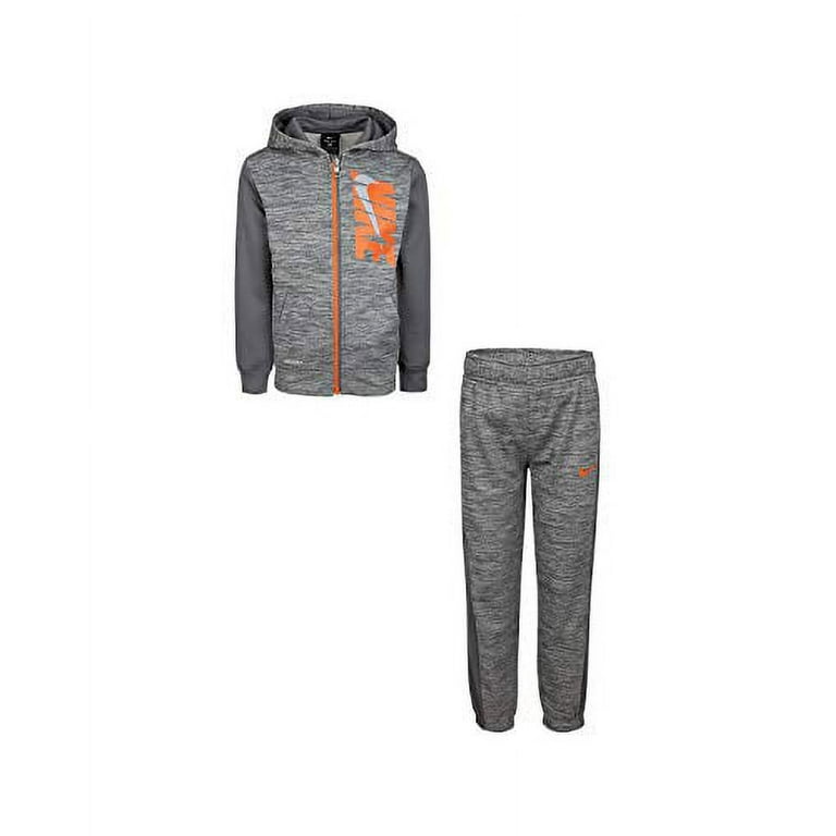 Nike Boy`s Dry Fit Therma Zip Hoodie & Sweatpants 2 Piece Set (Carbon  Heather(86G933-GEH)/Orange, 7 Little Kids)