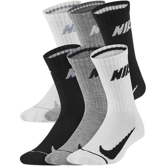Nike Boys Cushioned Crew Socks 6 Pack Black/Grey/White 5-7